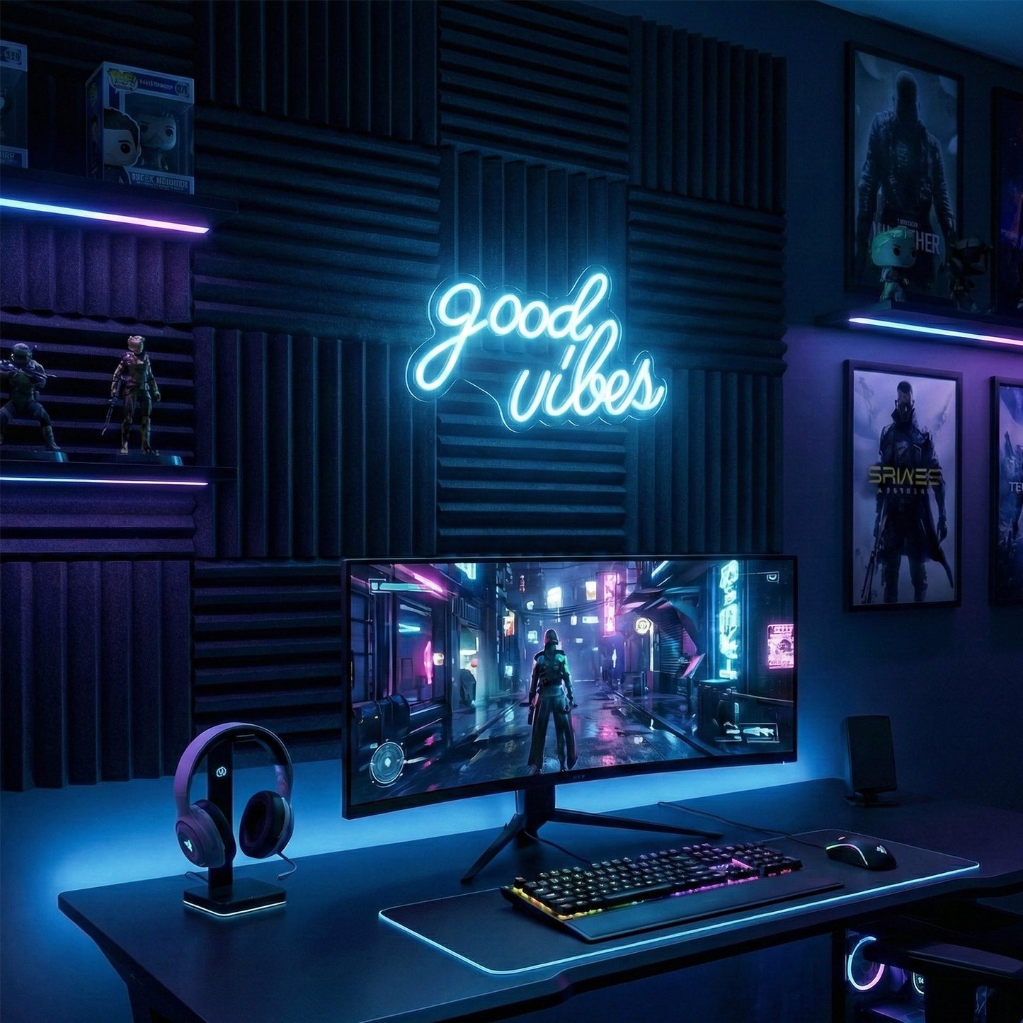 DECANIT Good Vibes Neon Sign Ice Blue, Cool LED Light for Wall Decor, Game Room, Man Cave, Bar, Streamer Setup, USB Powered Gamer Gift, 16.1x8.3 Inch