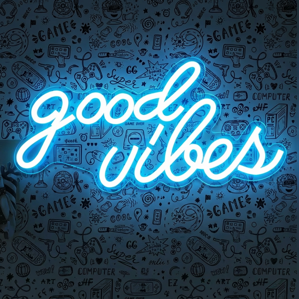 DECANIT Good Vibes Neon Sign Ice Blue, Cool LED Light for Wall Decor, Game Room, Man Cave, Bar, Streamer Setup, USB Powered Gamer Gift, 16.1x8.3 Inch
