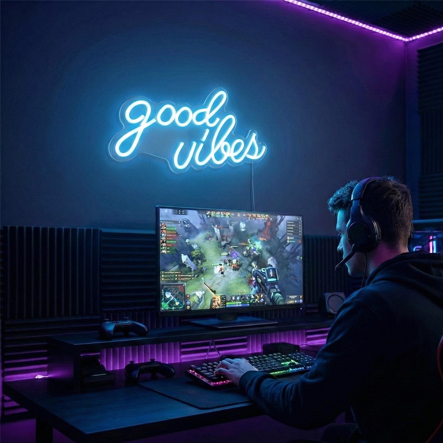 DECANIT Good Vibes Neon Sign Ice Blue, Cool LED Light for Wall Decor, Game Room, Man Cave, Bar, Streamer Setup, USB Powered Gamer Gift, 16.1x8.3 Inch