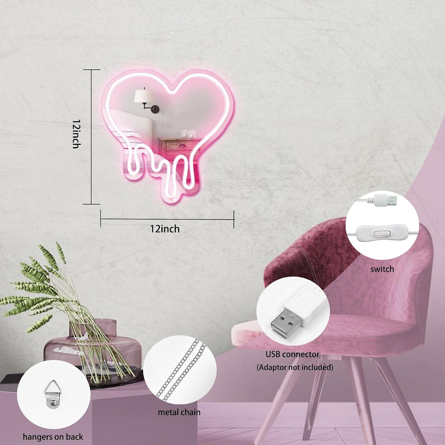 DECANIT Heart Neon Sign - Heart-Melting Wall Decor, USB Powered LED Light in Pink, 12"x12" Decorative Wall Mirror.Ideal for Bedroom, Girls Room, Party, Studio, Store Decor. Great Birthday Gifts