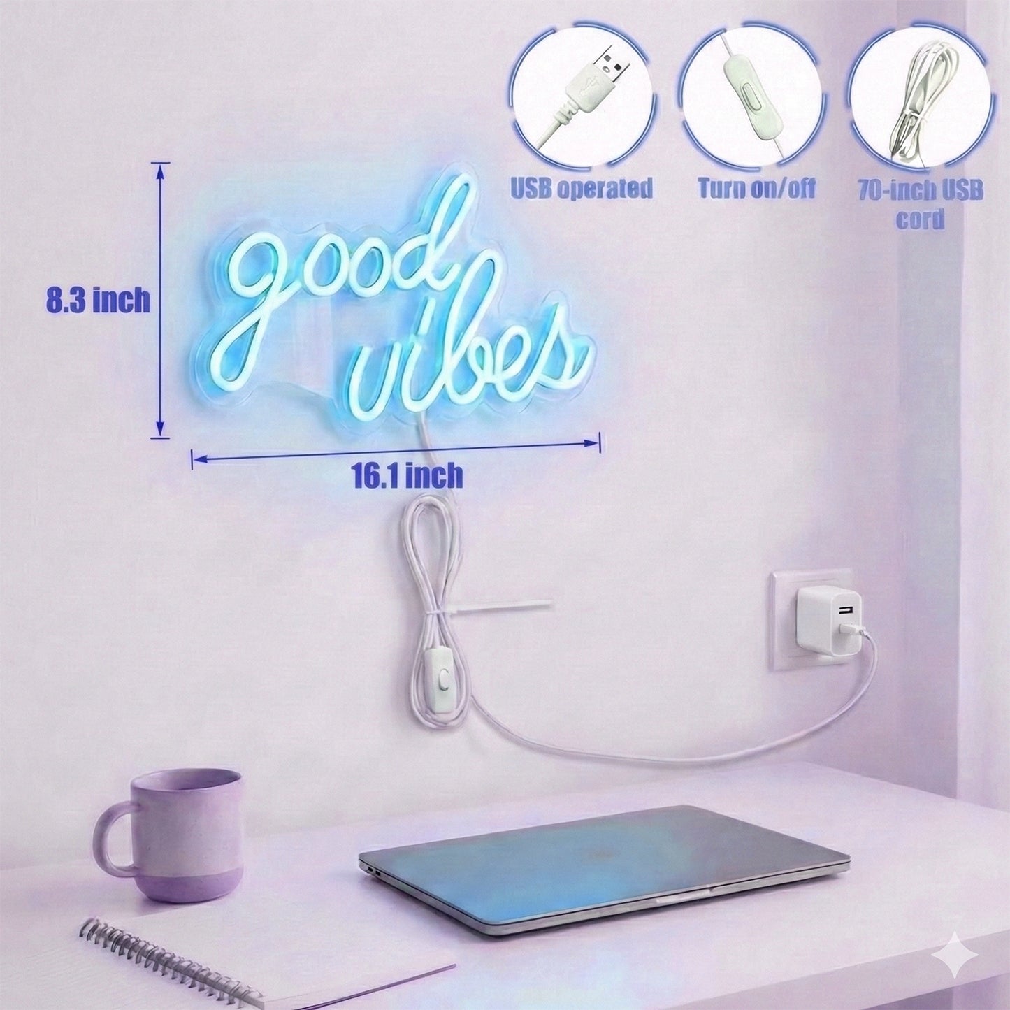 DECANIT Good Vibes Neon Sign Ice Blue, Cool LED Light for Wall Decor, Game Room, Man Cave, Bar, Streamer Setup, USB Powered Gamer Gift, 16.1x8.3 Inch