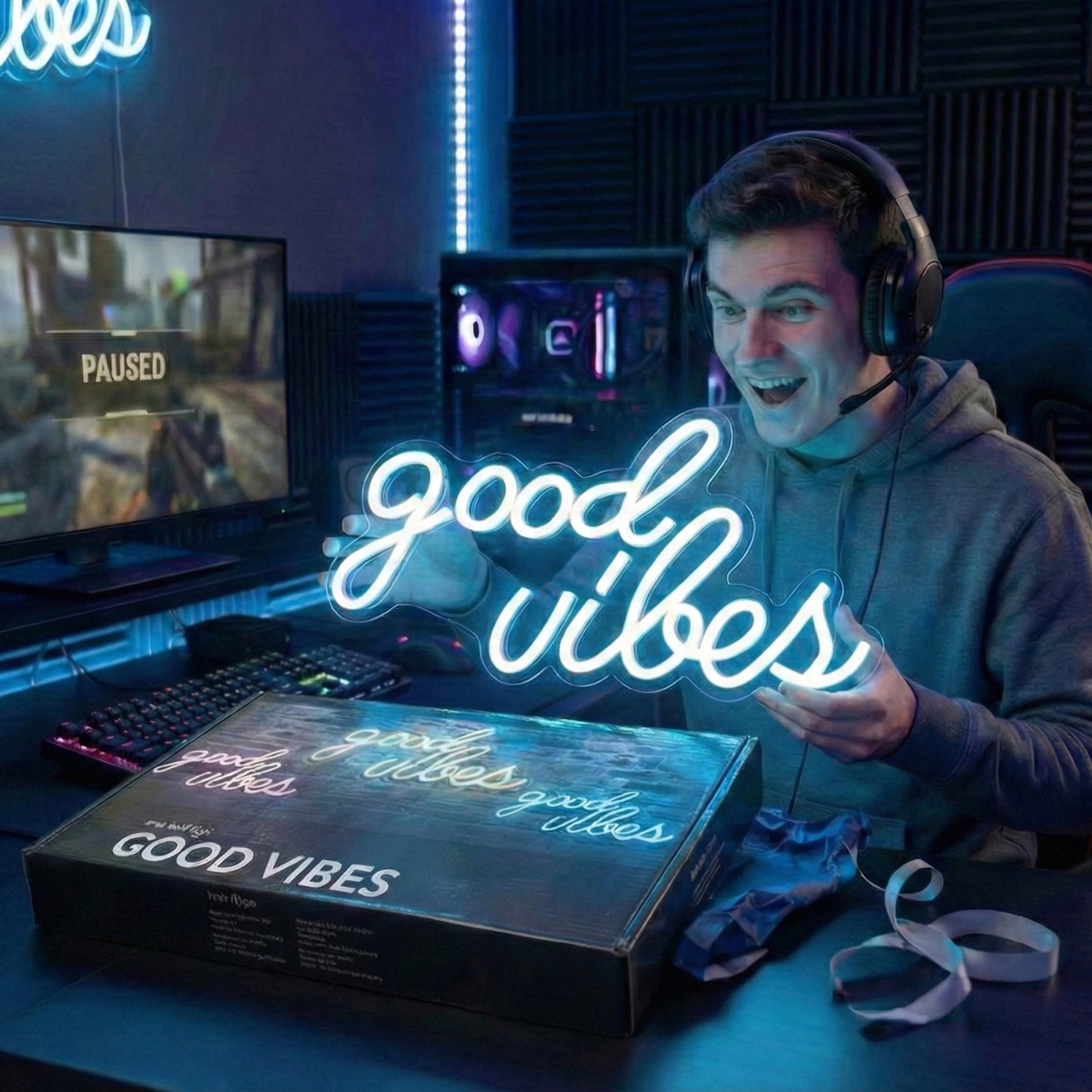 DECANIT Good Vibes Neon Sign Ice Blue, Cool LED Light for Wall Decor, Game Room, Man Cave, Bar, Streamer Setup, USB Powered Gamer Gift, 16.1x8.3 Inch